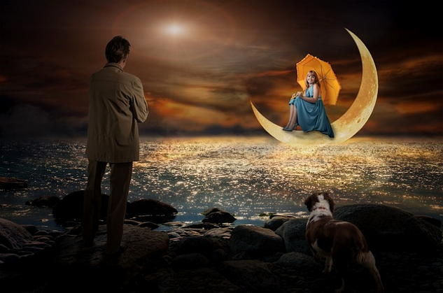 a man and his dog looking at a woman sitting on a quarter moon over the water